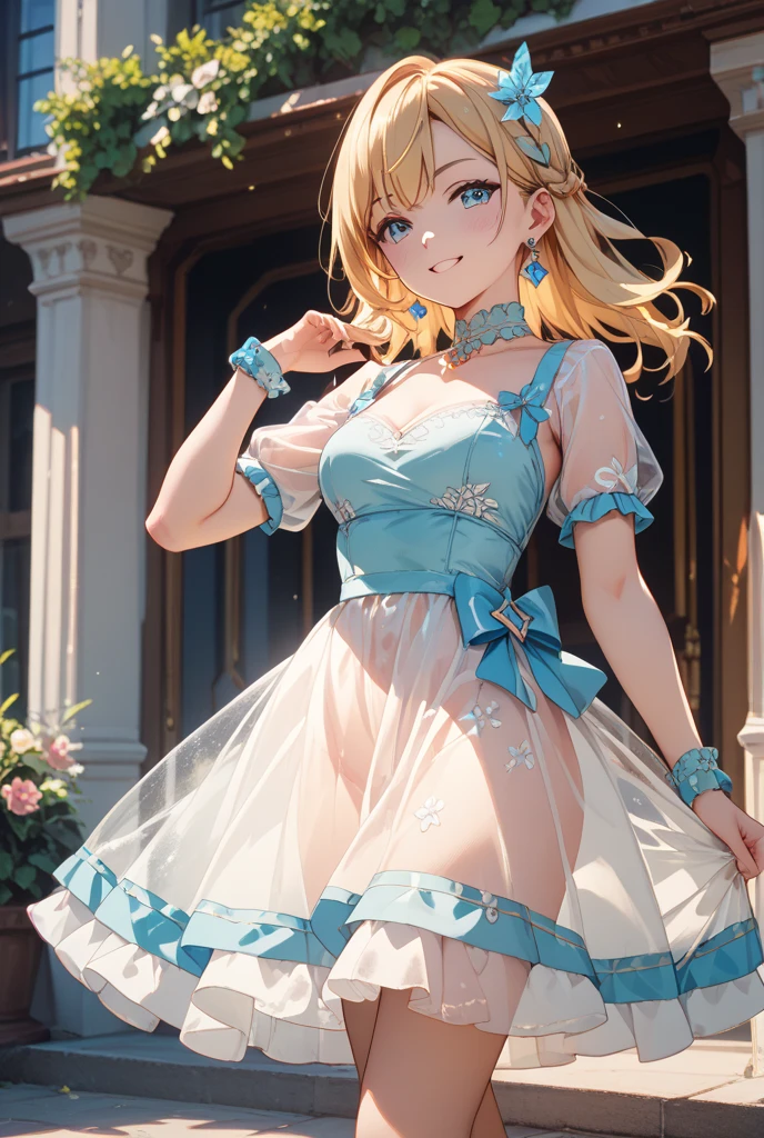 A girl with flowing golden hair and mesmerizing blue eyes, wearing an elegant white dress, standing in the midst of a vibrant garden filled with blooming flowers and lush greenery. The sunlight gently illuminates her delicate features, casting a soft glow on her flawless skin. She holds a delicate butterfly in her hand, while a gentle breeze swirls around her, causing the flowers to dance in harmony. The scene is captured in a breathtaking oil painting, with every detail meticulously crafted to create a masterpiece. The colors are vibrant and vivid, with a hint of ethereal pastel tones, giving the artwork a dreamlike quality. The lighting is soft and diffused, creating a serene and tranquil ambiance. The high-resolution image showcases the artist's impeccable skill, capturing every intricate detail with precision. The overall atmosphere exudes a sense of beauty, grace, and enchantment. The artwork is reminiscent of classical portraits, with a touch of fantasy and whimsy, evoking emotions of wonder and awe.