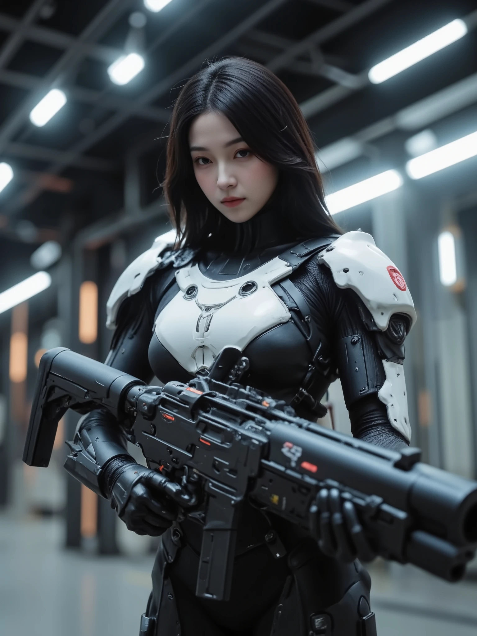 Future Female Warrior , Japanese, dark haired, cybersuit, cleavage, I'm holding a big gun, High Quality, photorealistic, 4K Rendering, Detailed Details, Vivid Colors, bokeh, science-based rendering holding a large electron gun, Craftsmanship, masterpiece, extreme detail, Studio Lighting, Ultra High Definition Paintings, sharp focus, HDR, Cosmic Cyberpunk Atmosphere, Metal and Glass Textures, Pale white color, Advanced Futuristic Technology