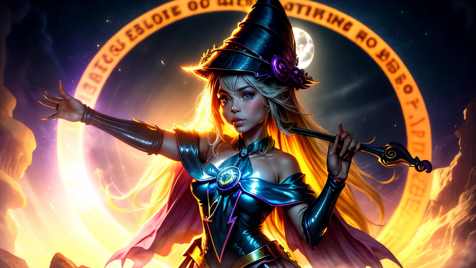 Beautiful Witch Blonde Girl and with Long Golden Sharped Sword with a Beautiful Blonde Long Flowing Hair wearing a Witch Hat and wearing a Witch Chestplate Armor with Jewelry Earrings with gloves with Makeup with the Best Quality with High Details with Textured Skin as a Masterpiece in a High Resolution in 8K Quality, proud pose with long golden sharped sword with two hands, fierce expression with light smile, swordup
