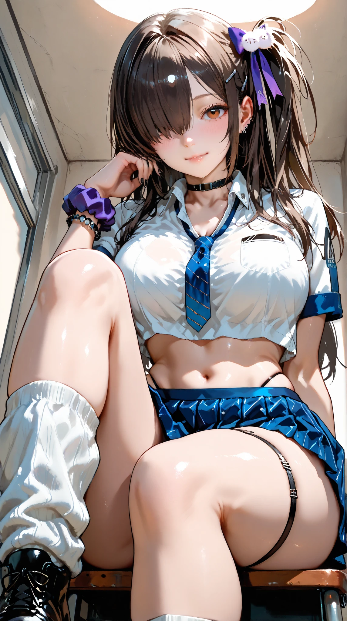 nsfw, (highly detailed beautiful face and eyes:1.2), (((lying))), nsfw, bbfumika, idolmaster, long hair, hairband, ((Sailor School uniform)), ((huge breasted)), Brown panties under pantyhose, torn pantyhose, pussy cutout pantyhose, ((white pantie)), 1girl, solo, (lift shirt:1.5), (show off breasts:1.5), (spread legs, legs up), (pleated mini skirt:1.3), from below, (white pantie, lift skirt, pantie shot, blush), (blushing:1.6), (town overview), detailed landscape, (best quality,masterpiece:1.2), intricate details, extremely detailed,8k resolution, natural lighting,