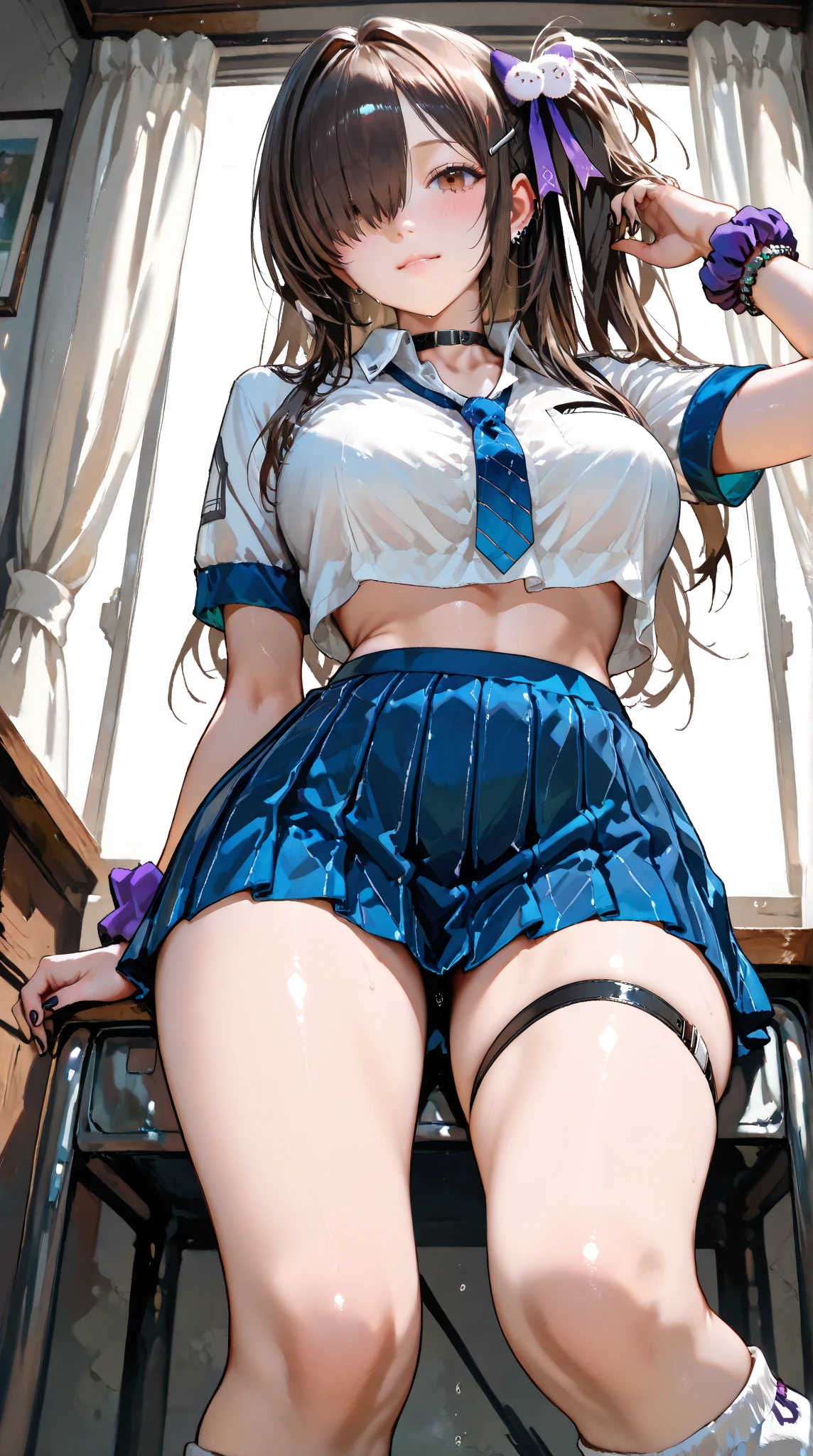 High-definition images, atmospheric perspective, 8K, Super detailed, Accurate, highest quality, anime background, 1 female, (ecstasy face), (droopy eyes), (blush), (sleepy), Luxuriously designed and brightly colored panties, (Her wet panties are digging into her crotch.), Draw pants with super precision, (Thigh-high stockings), ((showing off her panties)), spread legs, open your mouth, shirt, ((swollen areola)), Flight attendant uniform winter clothes, earrings, Strange pose, outside,