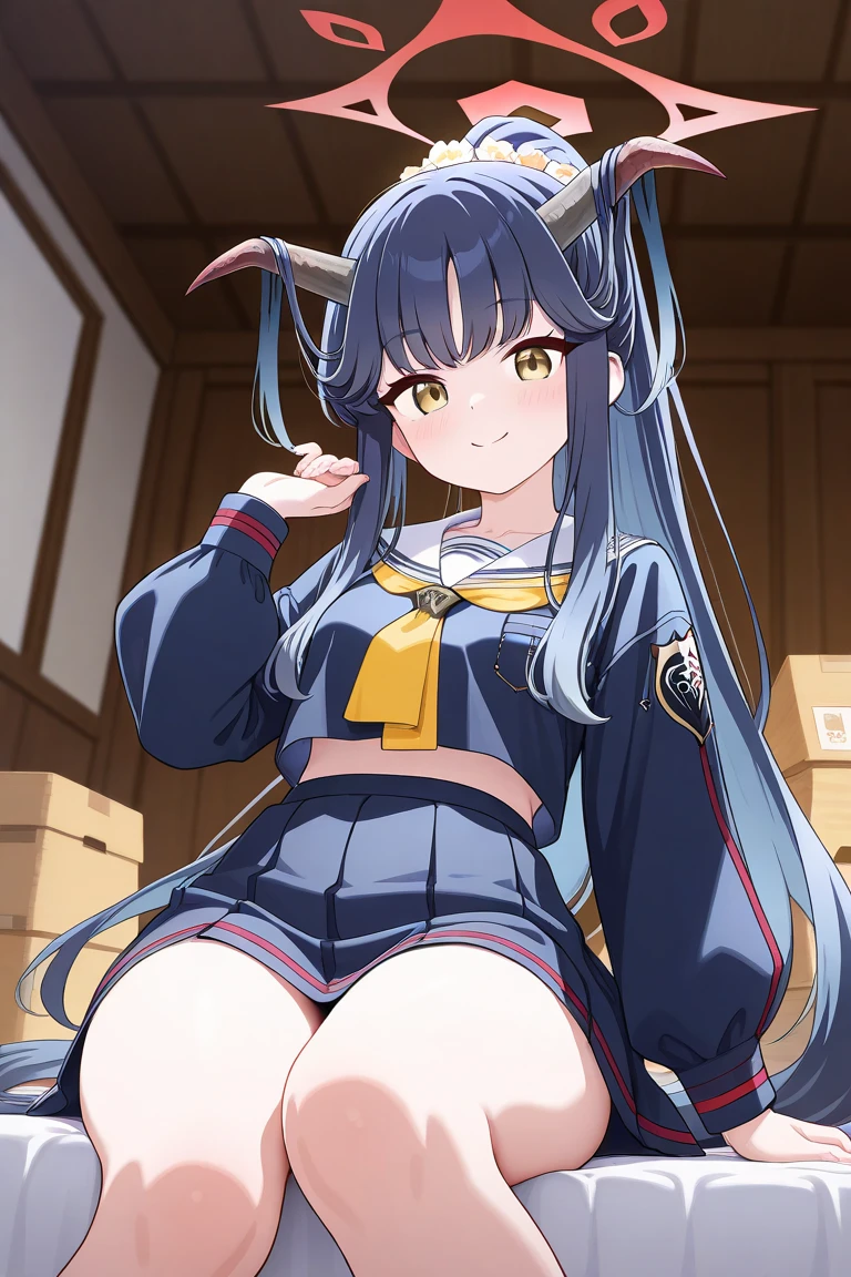 masterpiece, best quality, high quality, beautiful anime character, solo, anime girl with dark hair, long hair, small evil horns, elf ears, purple eyes, big breasts, mature female, big girl, thick, light smile, outdoors, almost full body, (sailor uniform, ribbon, pleated skirt, thighhighs), (skirt futanari, hiding penis, otonoko, futa, penis under skirt, perfect penis, perfect face), (skirt bulge), sitting,