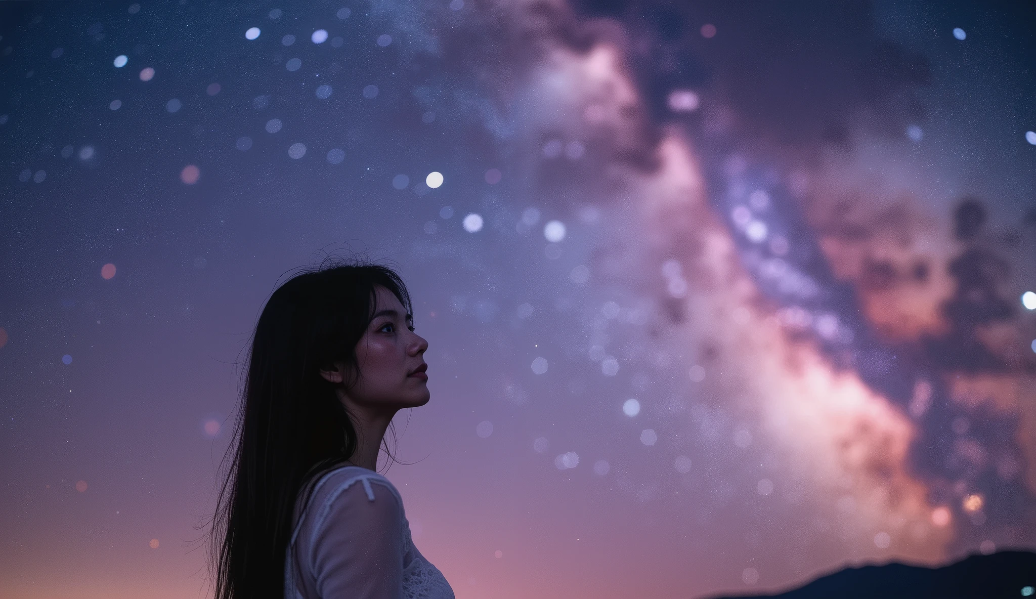 A stunning, semi-realistic cinematic portrait of a young, beautiful Asian woman standing under a vast, starry night sky filled with vibrant galaxies and glowing nebulae. The galaxy swirls in pinks, purples, and deep blues, wrapping around her like a dream. She gazes up at the stars with gentle longing and melancholy in her eyes. Soft stardust glows on her skin. Her long hair flows slightly in a magical breeze. The scene is peaceful yet emotional, evoking memories and silent love. Half-body view, soft lighting, hyper-detailed face and expression, ethereal and romantic mood, cinematic atmosphere, 8K, masterpiece, ultra-detailed, dreamy lighting, fantasy realism.