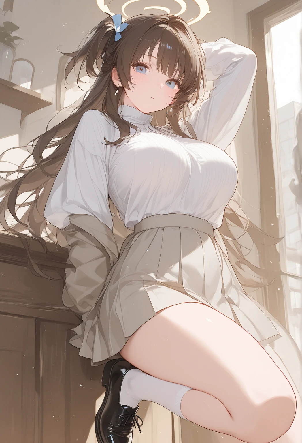 A young woman with ((long brown hair and gray eyes)), wearing sexy clothes, a skirt with a slit that reaches to her waist, (((flapping in the wind, and no underwear))).