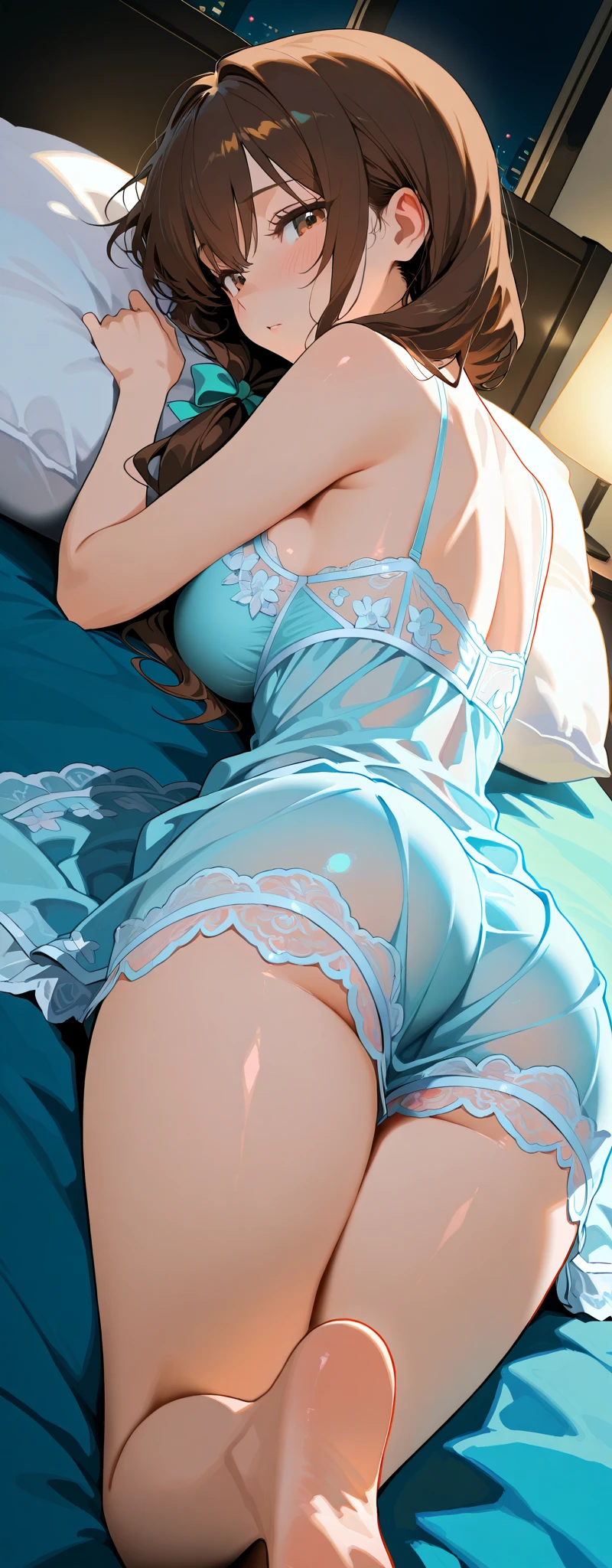 Adult female, seductive, lovely, freckle on chin, tall, big breasts, Long, brown hair, soft-green irises, fully clothed, sundress, smile, maternal, highly detailed, specific detail, perfect detail, living room, laying sideways on couch, on couch, red couch