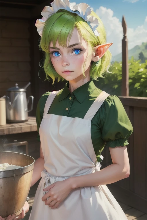 masterpiece, best quality, realistic, detailed, pointy ears, 1girl, Ryurion, maid headdress, solo, maid, 1girl, apron, (sky blue eyes:1.3), white apron, green dress, elf, blonde hair, short hair, dress, looking at viewer, puffy sleeves, green hair, closed mouth, blush, (upper body:1.5), portrait, <lora:ryurionDanmachi_ryurionV2:0.7>, glowing eyes