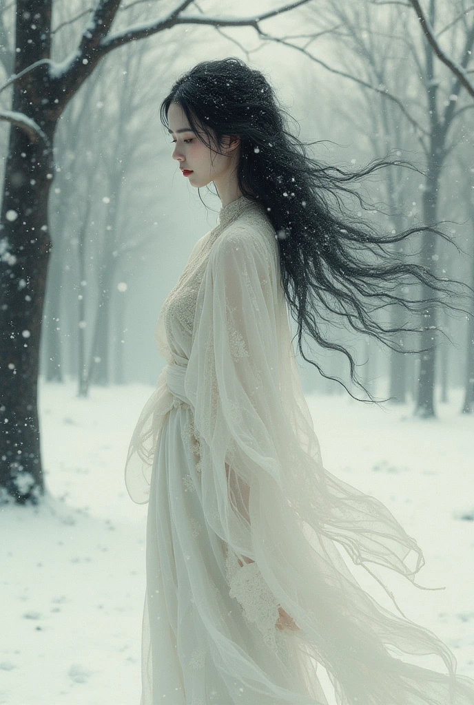 Create a high-definition video of a Yuki-onna, a Japanese snow spirit, turning around in the middle of a snowstorm. The Yuki-onna should have long, flowing black hair, pale white skin, and be dressed in a traditional white kimono. The scene should be set in a dark, snowy forest with large, gently falling snowflakes. The atmosphere should be eerie and mysterious, with the wind softly howling in the background. The Yuki-onna should turn her head slowly towards the camera, revealing her ethereal be