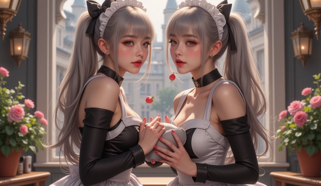 2heads, conjoined, extremely detailed CG unity 8k wallpaper,(masterpiece),(best quality),(ultra detailed),(ultra realistic),(Best character details:1.36),nikon d750 f/1.4 55mm,dynamic angle,professional lighting, photon mapping, radiosity, physically-based rendering,
outdoors,busy street,looking at viewer,upper body, 
breasts on tray,breast rest,carried breast rest,tray,breasts out,large breasts,holding,holding tray,blush,
1girl,mature female,milf,tall body,golden proportions,(Kpop idol),(shiny skin:1.2),(oil skin:1.1),makeup,[:(detailed face:1.2):0.2]:,PureErosFace_v1,
((wavy gray hair and a sophisticated sense of style)),high detailed face,(aegyo sal:1),(puffy eyes),(eyelashes:1.1),(parted lips:1.1),red lipstick,wide shoulders,(medium breasts:1.1),(cleavage:1.1),animal ears,(big ass:1.2),thighhighs,