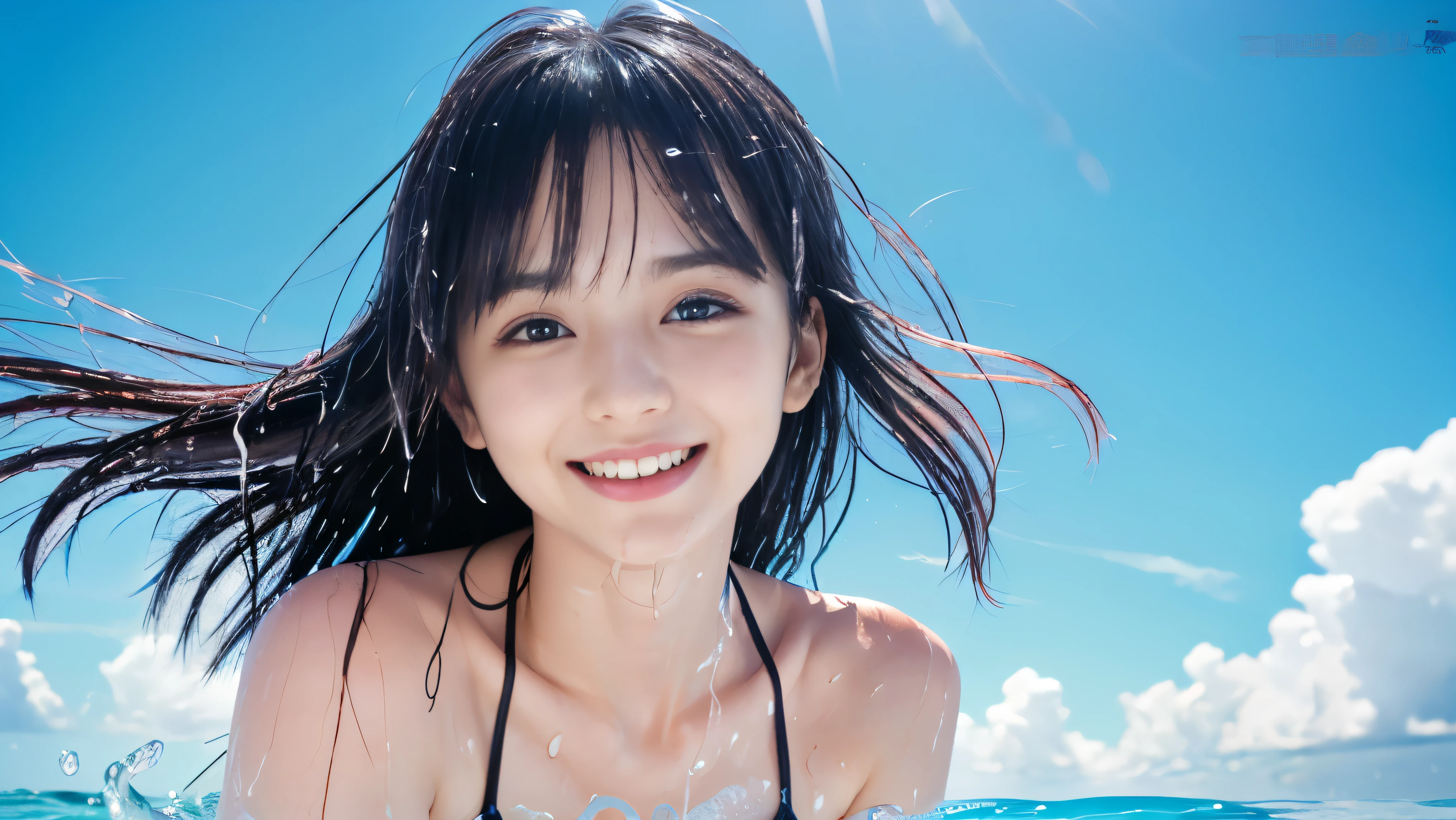 (((masterpiece))), (((whole body))),(((water play)))、(((Sea)))、 (one beautiful girl, innocence,cute) ,ultra high resolution, reality, Super detailed, 8k,highest quality, very detailed, blurred background,thin,small breasts,(very beautiful japanese girl, detailed face:1.3), (Her hair tied up and tied up,black hair :1.4), (baby face,cute系,adorable 14 year old girl), (perfect body:1.1),((cuteマイクロビキニ))、rosy cheekest smile,Super detailedな顔、detailed lipine eyes、small gravure idol,transparent skin、lolita,photoreal:1.37、bright sunny day、crystal blue sea、shining sun、shimmering reflections of wavefronts、cold sea breeze、Pose with movement、