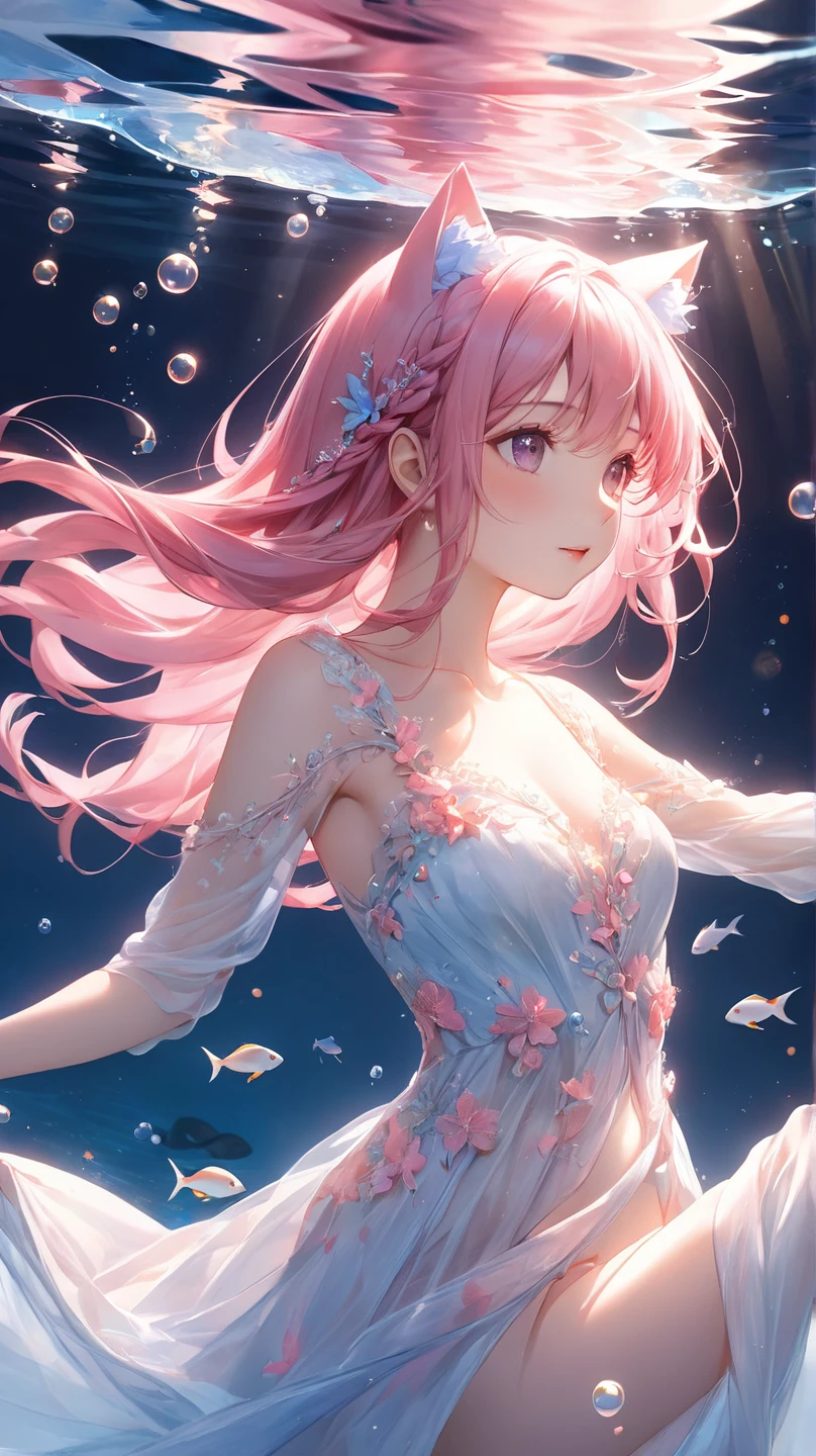 (((pearl pink hair,emerald pupils))),((beautiful and detailed)),(blushing), (geometric:1.1),(((under the water,in the ocean,bubbles,fish))), ((1girl,amazing,adorable girl,solo,arms down)),(Masterpiece,Best quality, offcial art,fractal art, Beautiful and aesthetic:1.2),(4k,HD,HRS),((small breasts)),(Physically-based rendering),Sharp focus, (((highdetailskin,The details are complex、Shallow depth of field、movie lighting、Reflectors、a Canon EOS R5、50mm lens、f / 2.8、shot at 8k resolution))),simple cloths，correct pupils,((((shiny hair|detailed hair|half bangs|long hair)))),(masterpiece sidelighting),(The sheen),(beautiful hair,beautiful background,bokeh:55mm)),((extremely_Detailed_Eyes_and_face)),Movie girl,(Dynamic posture: 1.2),Brilliant