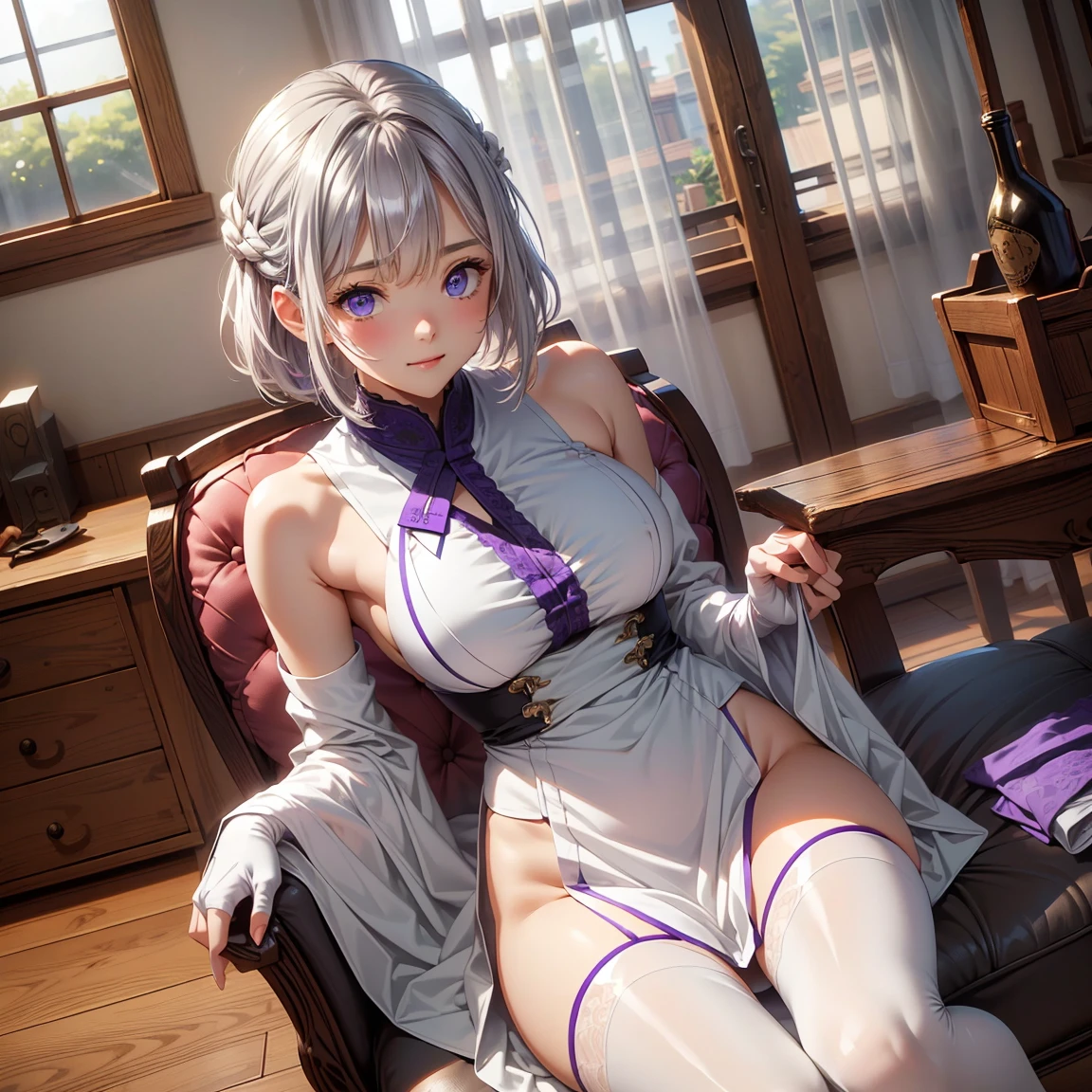 (8K, Highest Quality, Best:1.3)), Ultra High Resolution, (1 Girl, 1 Person), (Color Changing Eyes, Super Detailed, Expressive Sparkle, Sparkling, Glowing Eyes), High Definition Eyes, High Definition Face, Random Hair, (Silver Gray Color), A scene of a silver-haired woman seducing you. Her hair is short, cut in a bob, and shines softly in the light. She is wearing a green silk robe, the soft material of which fits her body gently. The sash of the robe is tied loosely, and the chest is open wide, revealing her attractive décolletage. Her eyes are a seductive purple, and her droopy eyes give her expression a sense of grace and ecstasy. Her lips are pale pink, and she is smiling slightly parted.
The background is a relaxation room in a luxury spa, and the room is lit by indirect lighting with warm tones. She is lying on a sofa, in a relaxed position, gazing seductively at you. The camera angle is set to look up from just below her eye level, emphasizing her graceful figure and captivating expression. Warm particles of light dance throughout, creating a dreamy atmosphere.