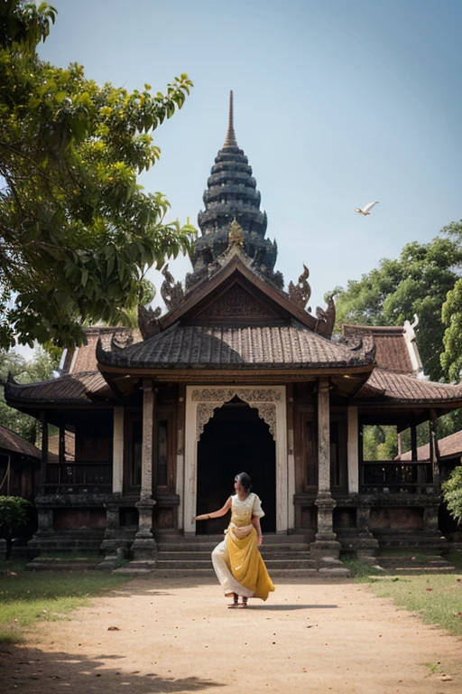 woman in traditional thai dress standing in front of a temple, in front of a temple, in front of the temple, standing in a buddhist temple, in a temple, sukhothai costume, in style of thawan duchanee, temple in the background, wearing traditional garb, standing in an ancient burmese entrance, sitting on temple stairs, temple, thailand, very detail face, high quality photo, mysterious feeling