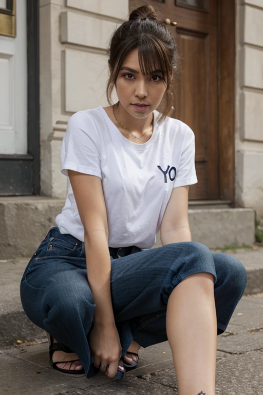 high quality, 1990s grunge style, 20 year old caucasian female, attitude, pale skin with freckles, torn jeans, doc martens, red flannel shirt over a worn black tee, ponytail, long very tight curls of brown hair in a ponytail, photorealistic, 1990s style, grunge, 90s, waist-up