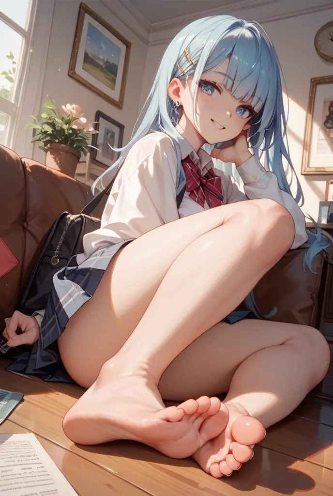 (((After School Classroom)))、((((((Full body description))))))、Fisheye Lens、Plump thighs、Super huge breasts、looking at the camera、Embarrassed、(((Show the soles of your feet)))、((((Alisa Mikhailovna Kujo))))、blush,smile、Silver Hair、blue eyes、uniform、Sexy thighs、Beautiful feet、Usual hairstyle、Highest quality, High resolution, unity 8k wallpaper, (shape:0.8), (Beautiful and beautiful eyes:1.6), Highly detailed face, Perfect lighting, Extremely detailed CG, (Perfect hands, Perfect Anatomy),Sweat it out、