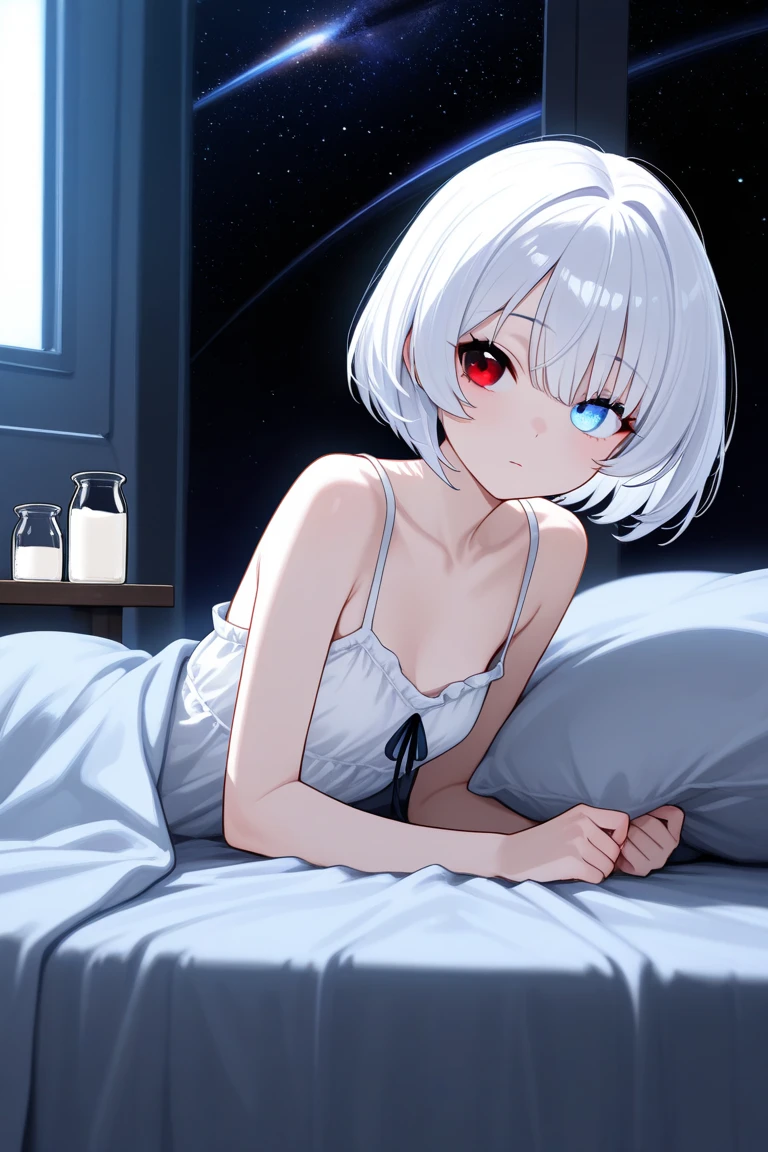 Ultra-high resolution,masterpiece, Attention to detail, Highest quality, 4K,(Silver braided short bob、camisole),(well endowed,Captivating body、Ultra-detailed skin、Beautiful eyes、Detailed Background),1girl、(lie face down, sleeping,Lying down)、bed、night、I can see the moon from the window