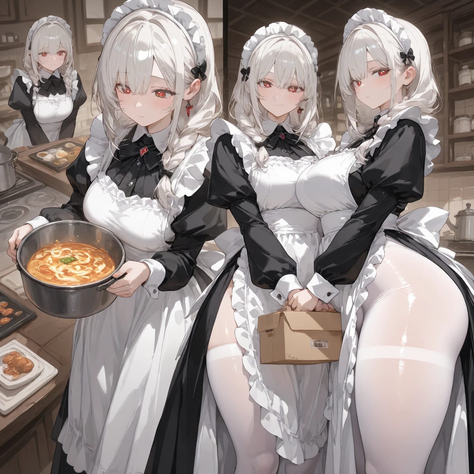 highest quality、masterpiece、((2 women))、((smile:1.3))、(blush:1.3)、Black Shirt、blouse、((fun!!))、(Small breasts)、()、Blonde、(Long sleeve)、((White apron:1.5))、((Maid))、((hair ornaments)),、Kamimei、look at me、 ((in house:1.5))、 Taking a break from watching the audience、Cowboy Shot、(Skirt lift:1.3),(Highly detailed white panties:1.3)、(Highly detailed panties:1.3)、、(スカート that rolls up:1.3)、(Panties fully exposed:1.5)、Light blue eyes、long hair、Glowing Eyes