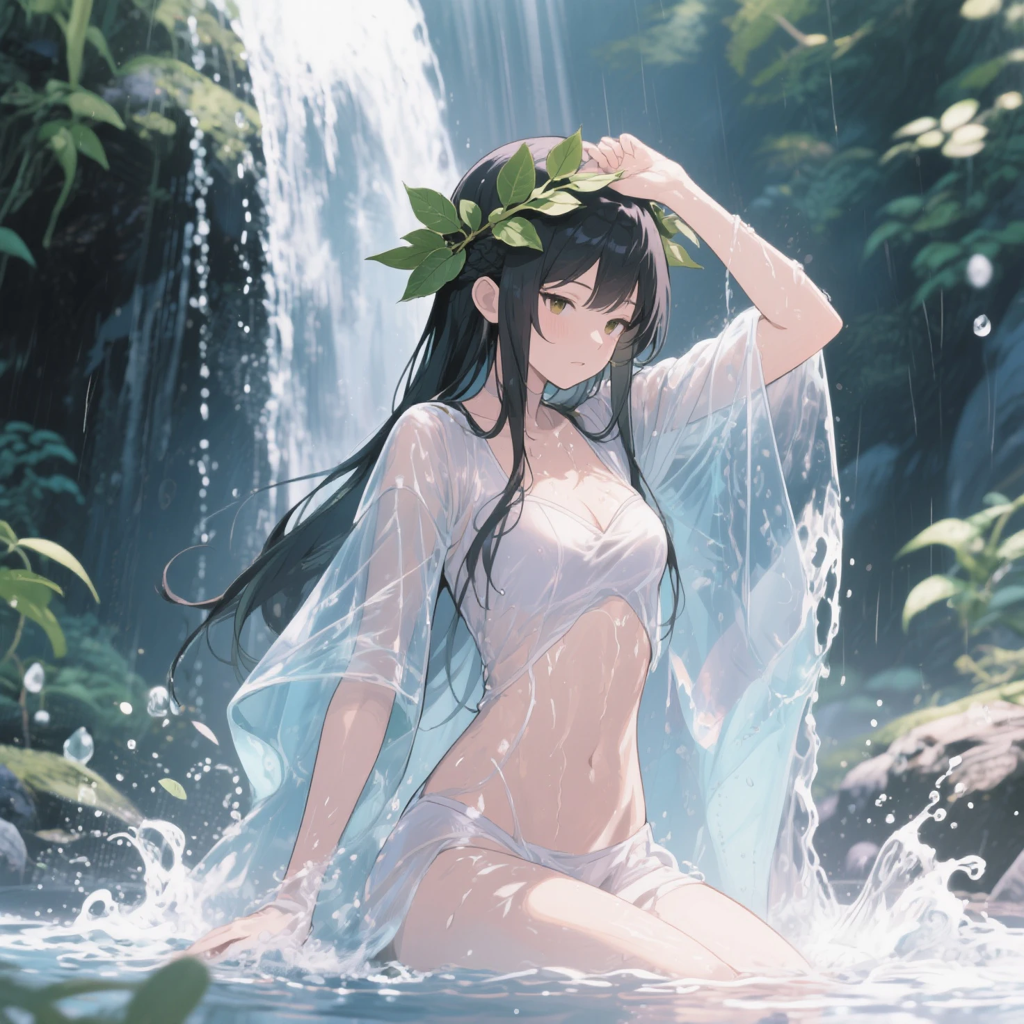 One girl, slender,dress, manga, anime, A small waterfall flows under a bridge in the forest., mysterious canyon stream, Waterfall Cave, Cave with waterfall, In the canyon, Canyon in the mountains, Between the canyons, Stunningly beautiful, Lower waterfall, deep chasm, Water flow