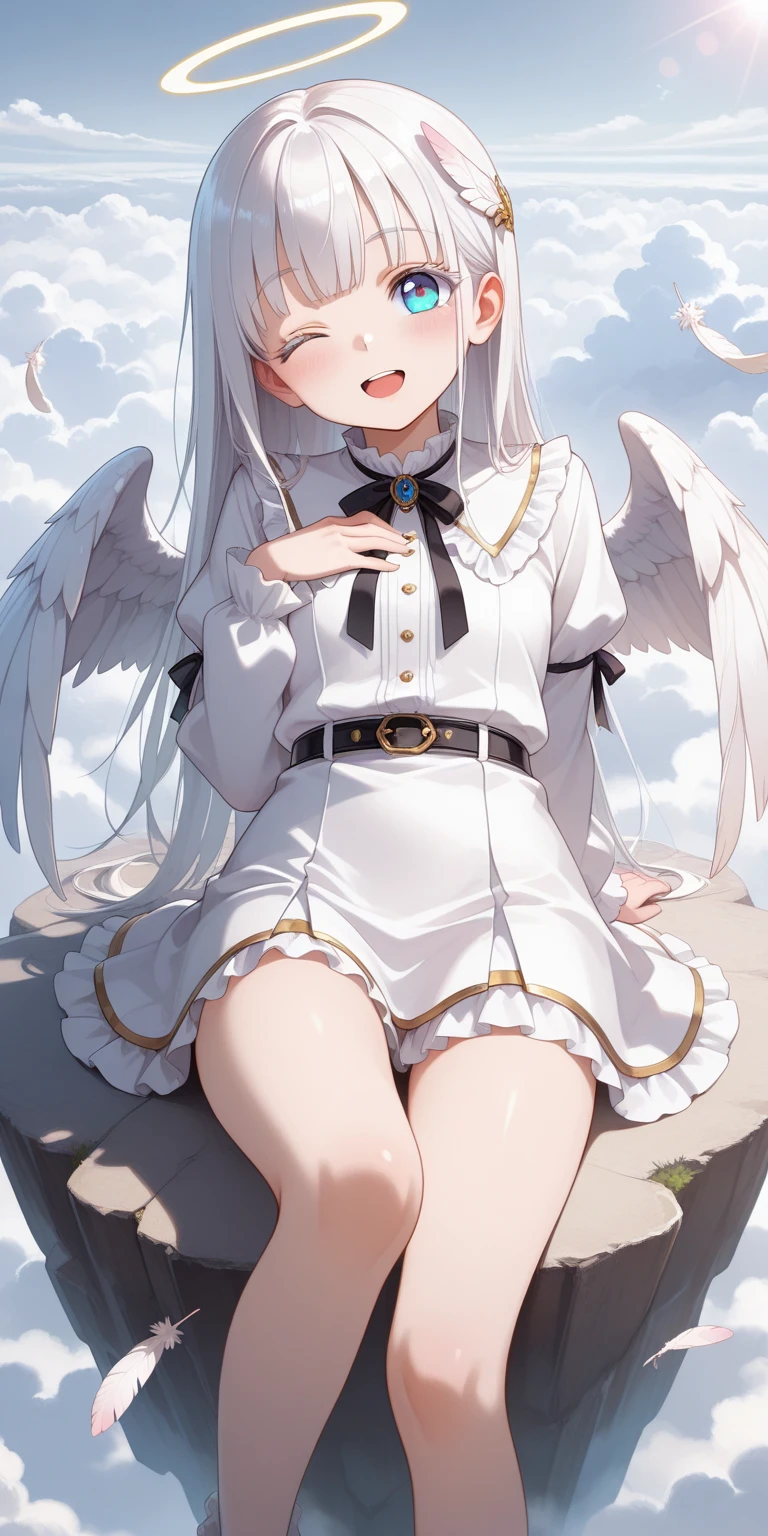 (masterpiece:1.3), (absurdres:1.3), (best quality:1.3), (ultra-detailed:1.3), snow, ((Snowfield)), full body, waving, smile, 1girl, nagisa-fi, halo, white wings, long sleeves, white dress, sailor collar, capelet, white skirt, black pantyhose, white high heels,Big angel wings、Big Wings、Floating in the sky、Floating in the air、Ultra-slim legs、((Amazingly cute))、White panties are visible、
