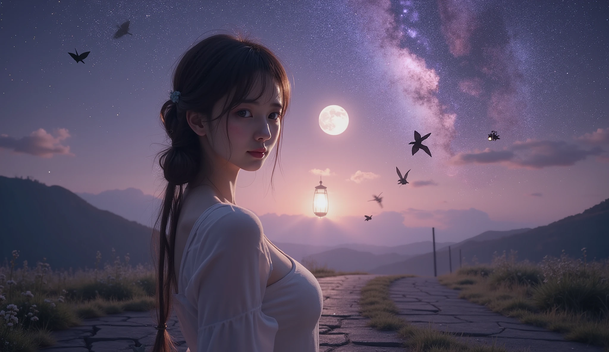 A cinematic, semi-realistic portrait of a young, beautiful Asian woman standing alone in a vast dreamscape at twilight. She is shown in half-body view, her expression filled with quiet strength, sorrow, and reflection. Her eyes glisten faintly as if holding back tears, yet there is a subtle softness to her smile — she’s fragile, but enduring.
She stands in the middle of a cracked but blooming meadow — the ground has visible scars, patches of wildflowers emerging through broken earth. Behind her, a winding path disappears into misty hills, symbolizing life’s unpredictable journey. Faint silhouettes of crossroads and worn signposts lean at odd angles, suggesting lost directions and hard choices.
Above her, the night sky is alive — a swirling galaxy blooms in rich purples, indigos, and vibrant pinks, with shimmering stardust drifting down like gentle snow. A large crescent moon glows behind thin clouds, casting a soft silver light that illuminates her hair and cheeks. Stars glimmer in her eyes.
Around her float subtle symbolic elements:
Paper cranes drift in the air, representing hope and healing.
Old family photos and letters, semi-transparent, float faintly in the background like memories.
A lantern lies at her feet, glowing faintly — a metaphor for inner light in darkness.
The mood is serene yet emotionally powerful, with soft breeze rustling her hair and clothes. She wears a simple yet elegant outfit, flowing gently in the wind, blending tradition with modernity.
Style Tags: dreamy cinematic, ultra-detailed, photorealistic face, magical realism, 8K, volumetric light, moody ambient colors, hyperexpressive emotion, fantasy earth elements, emotional storytelling.