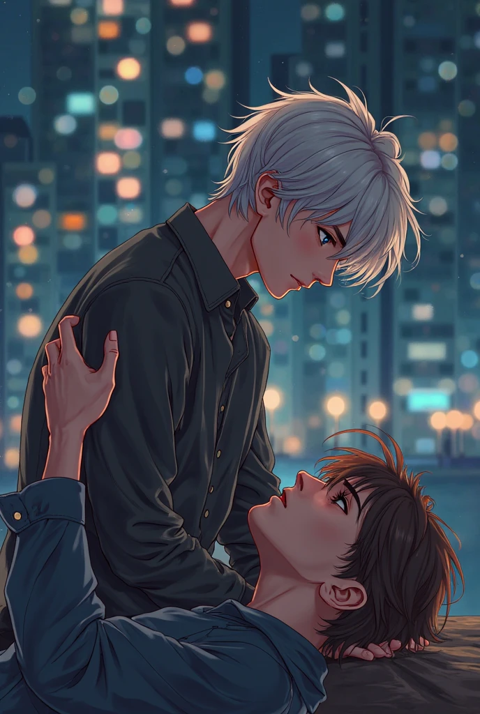 They are kissing in front of a window with a view of the city, kissing together cutely, 2b, 2 b, kaworu nagisa, Yaoi, urban in background, at pixiv, white hair, zerochan art, White-haired, lovely kiss, Two anime handsome men, Kissing each other, best anime 4k konachan wallpaper