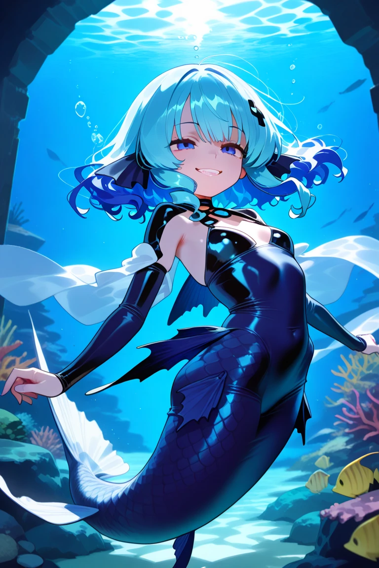 (underwater image:1.5) (masterpiece,best quality,ultra detailed) 、1girl、lghit blue hair、long hair、yellow eyes、swimsuit dress、devil ears、