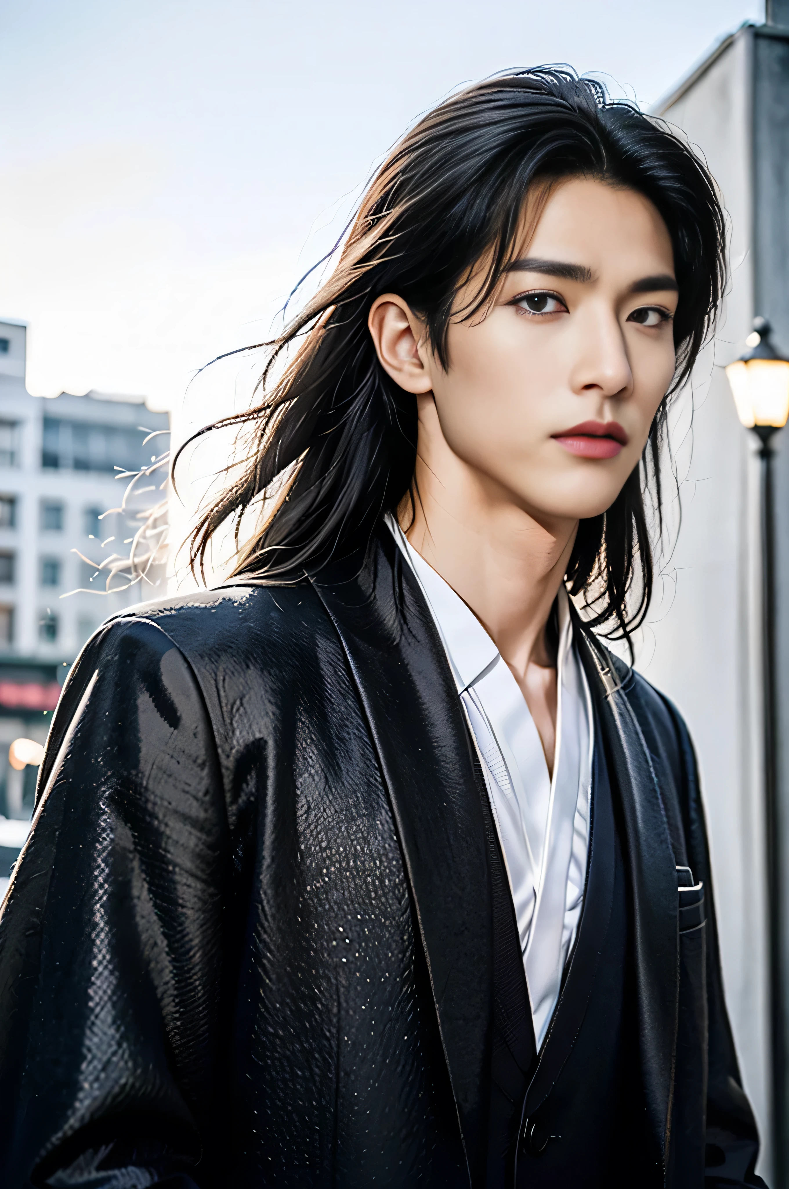 A 25-year-old Asian man, Thick eyebrows, Melon seed face, Handsome face, Men's full body, The background city night street view, Time is night, Deep blue sky, A full moon, his skin is fair, He is slender, the limbs have pronounced muscle lines, high-definition photography, Real-world scenarios, Lots of detail, wearing black long coat, black long pants, black turtleneck shirt, ((Medium Wide Shot)), ((short black hair))
