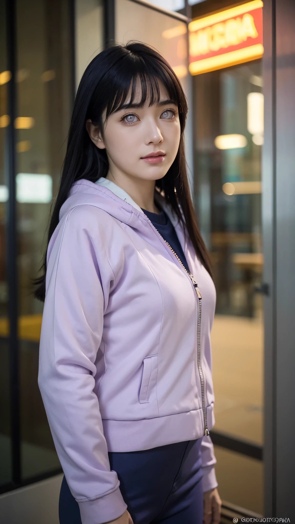Close-up portrait of a beautiful real-life woman resembling Hyuga Hinata from Naruto Shippuden, with long dark indigo hair styled exactly like in the anime, pale lavender eyes without pupils, and a gentle, shy smile. She is wearing her detailed anime outfit — a lavender and cream hoodie jacket with navy blue pants, featuring realistic textures and stitching. Her hair flows naturally with realistic lighting and shading. Background is a modern, urban cityscape with soft depth of field, featuring tall buildings, neon signs, and subtle reflections. Ultra realistic, super detailed, cinematic lighting, 8K resolution, perfect facial details, anime to real-life transformation, natural skin texture.