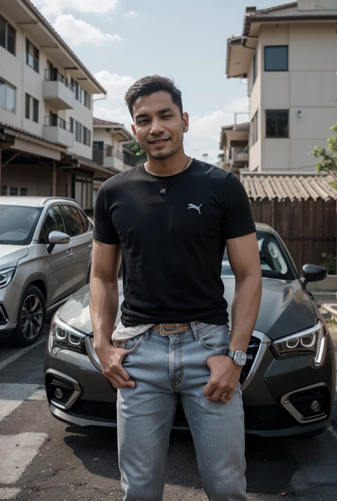 handsome man in his 30's　Deep double moat　A fresh and lovely smile　wild　stylish　The background is the city　Similar to Takashi Sorimachi　Surfer Fashion　rich　sunglasses　Leaning on a luxury car　No tattoos