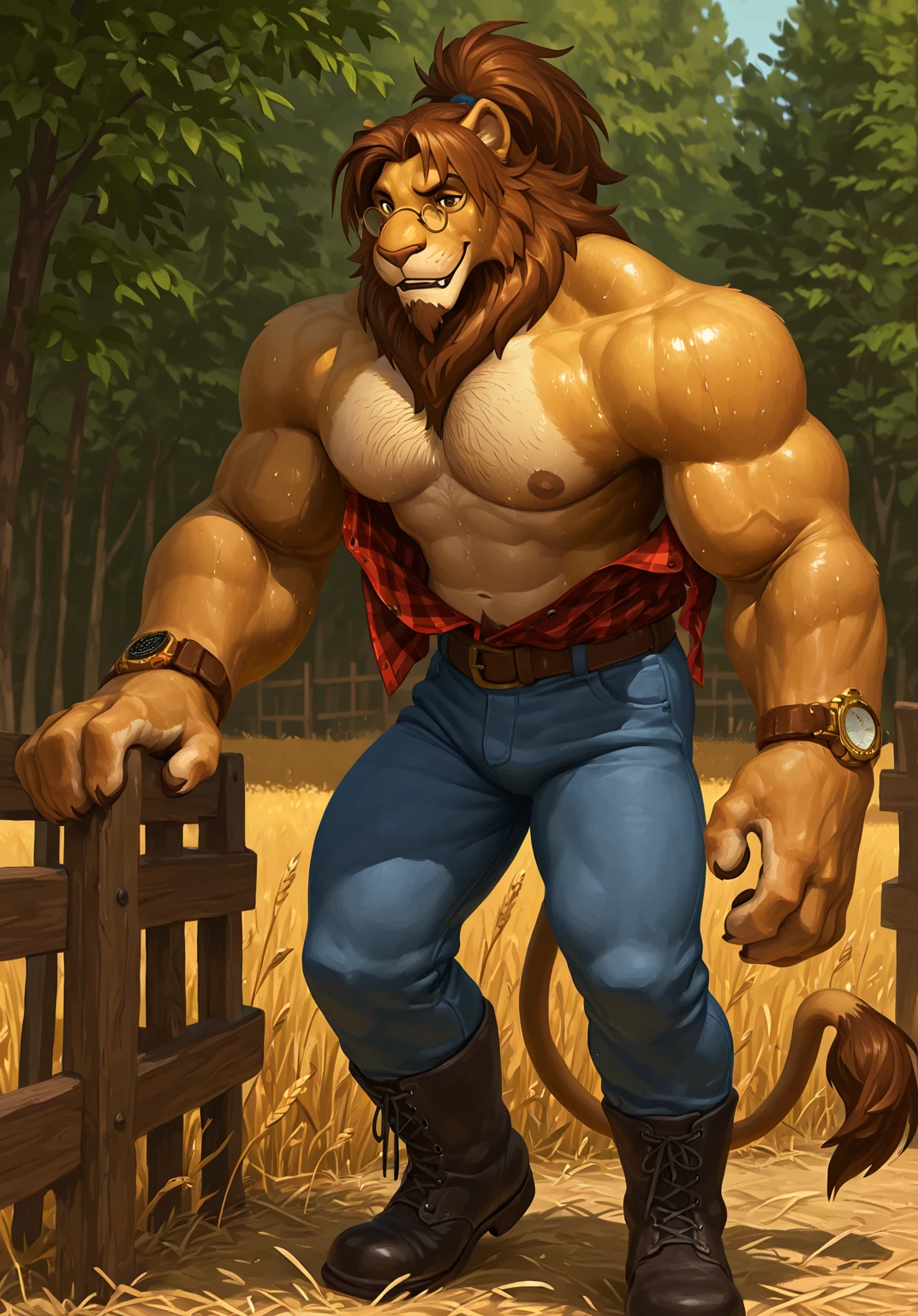2d, masterpiece, best quality, 4k, 8k, ultra highres, raw photo in hdr, sharp focus, photo realism, real life like, detailed background, lion anthro, tiger (((cream fur, cream body, very long brown hair, brown beard, long Lion's mane))), muscular male, fluffly, cute, adorable, lovely, smile, big nipples, black nipples, happy face, dilf, daddy, mufasa, fangs, detailed big nipples, wide waist, broad shoulders, strong thighs, white teet, bulge, ripped jeans, tight clothing, fur wet, detailed background, hi res, perfect brown eyes, (by darkgem, by takemoto arashi, by anhes), Negative prompt: boring_e621_fluffyrock_v4, bad-hands-5, deformityv6