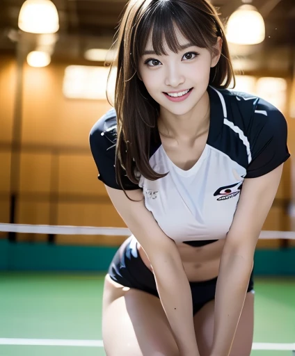 highest quality、Complete limbs、Full Finger、Slender beauty、(Black and white animal print bikini)、(Brown Hair:1.3)、、(Beautiful breasts:1.3)、On all fours、Butt、Inside the gym、Gymnastics Stadium、Gymnastics、smile、Sexy pose、Spread your legs, Shiny plastic, Shiny metallic skin, Glow Color、squat, Spread your legs,Camel'With toe