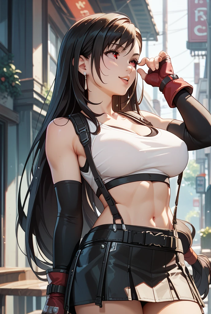 (masterpiece), best quality, expressive eyes, perfect face, 1 girl, solo, defTifa, white crop top, elbow pad, fingerless gloves, suspenders, pencil skirt, black socks, red boots, city, metallic city, night, smiling, posing, standing, portrait, looking at the viewer, from above