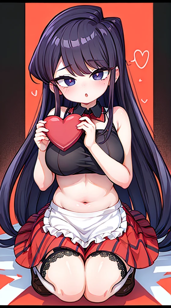 Reize,(A white border around a red rectangular background:2.5),squating,C cup,Superskirt,whitesweater,ahegao face,High detail,ahegao face,Moles under eyes, Heart-shaped pupils,Love pupils,cropped shoulders,Lots of hearts,Fleshy thighs,highly rendered,detailed face with