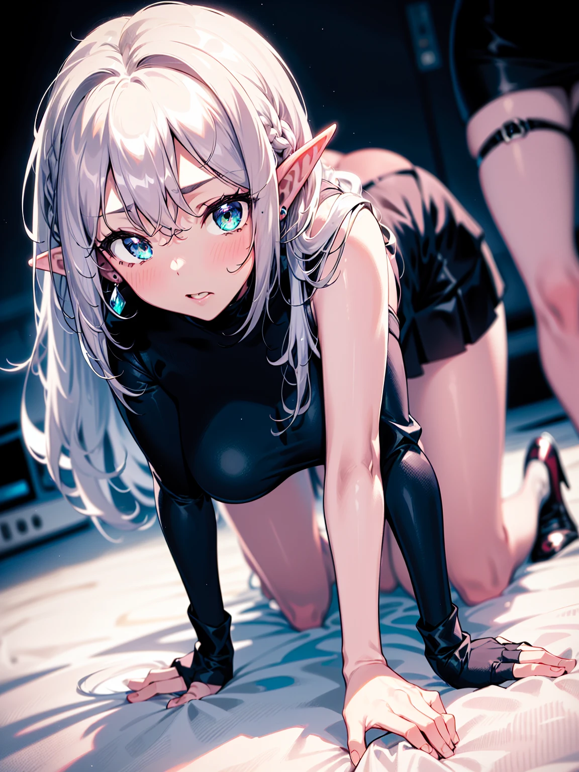 1girl,masterclass,best quality, illustration, solo, nahidadef, reverse bunnysuit, ;o, one eyes closed,on bed,blush, small breasts, sitting, thigh gap, arm up, arm behind head