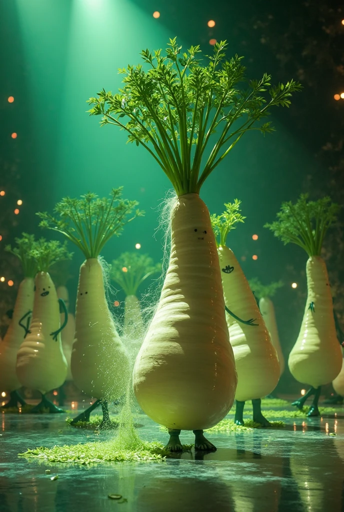singing flower on stage, the audience is applauding, backlight, 8k, epic realistic, ultra detail, full body view