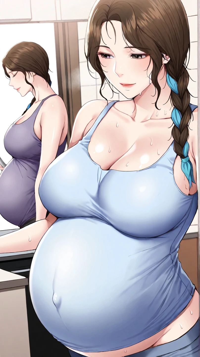 pregnant beautiful tall mom with blue ponytail hair, green eyes, big breast, blue top shirt, blue shorts, happy