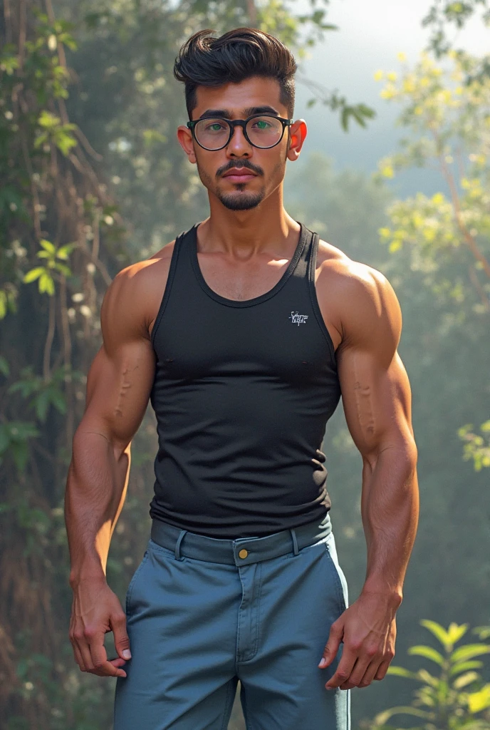 masterpiece, best quality, high resolution, closeup portrait, male focus, solo focus, muscular, burly, hairy, male, A handsome Indian man with full beard, extreme detailed face, facial-symmetry, (big bulge:1.2), in a cyberpunk city, neon lights, sunny day, blurred background, scruffy face, arrogant smirk, tattooed, amazing composition, front view, HDR, volumetric lighting, ultra quality, elegant, highly detailed, bright lighting