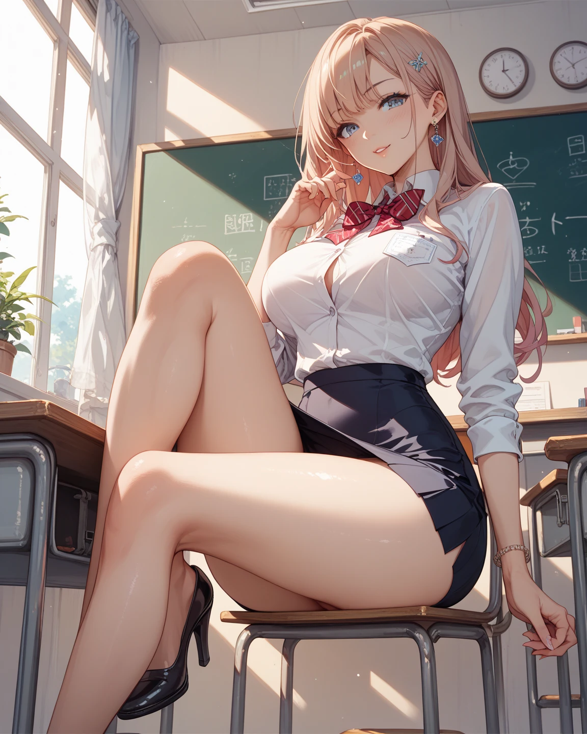 (masterpiece, best quality:1.2), solo, 1girl, takebadef, smile, looking at viewer, , cardigan, bow, red lingerie, choker, earrings, classroom , large breasts, full body, sitting on chair, open legs,