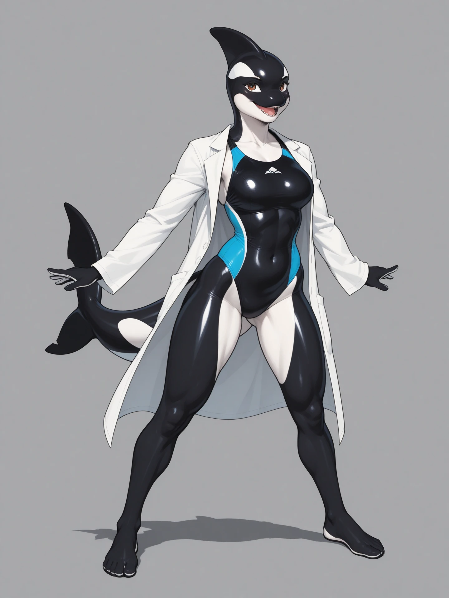 Orca, anthro, 1girl, smooth orca skin, orca tail, two arms, two legs, strong swimmer, wears swim suit, wears lab coat, in good shape