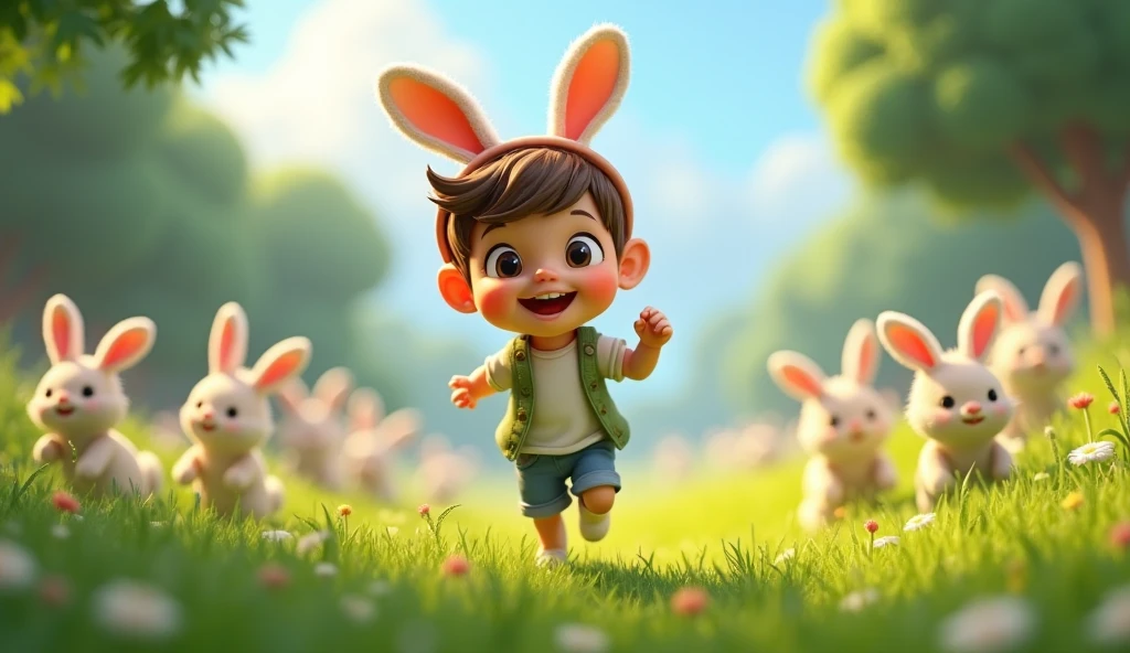 child fighting with rabbits