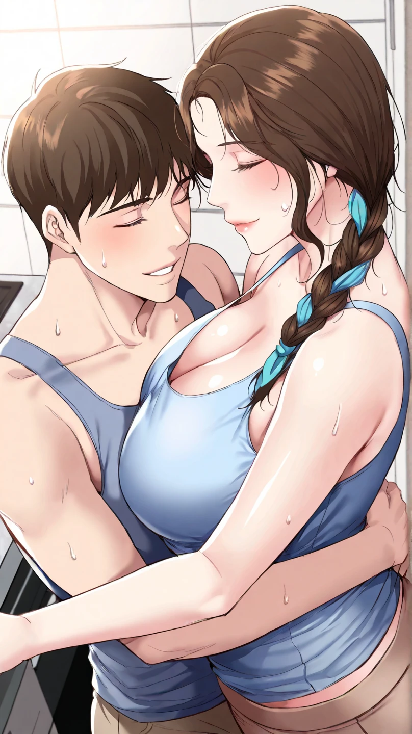 high quality, (16 y/o japanese boy fucks 17 years old japanese boy anal sex from behind doggy style;1.5), (abs:1.5), (detailed eyes), naked, (detailed puffy nipples), (large breasts), (orgasm:1.5), behind hands, full shot,