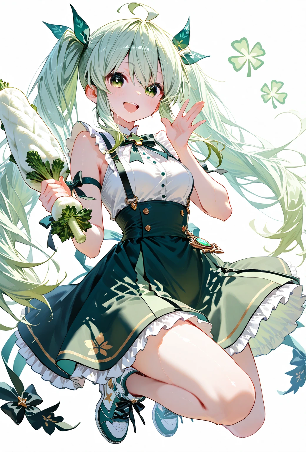 1girl, green hair, two buns, white flower on the head, perfect eyes, white eyes, happy face, white collar, white blouse under the shoulders with green flower print, white skirt with green details, long white stockings, green shoes with heels, basket of flowers in the hands, big breasts, big ass, forest background