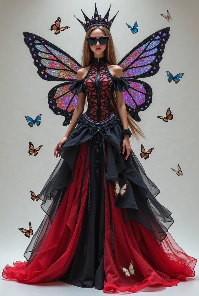 Lauren Jauregui, smiling, woman in a black and red dress with hummingbirds and butterflies in beautiful 3d dress, and a white shirt, gothic, black background
