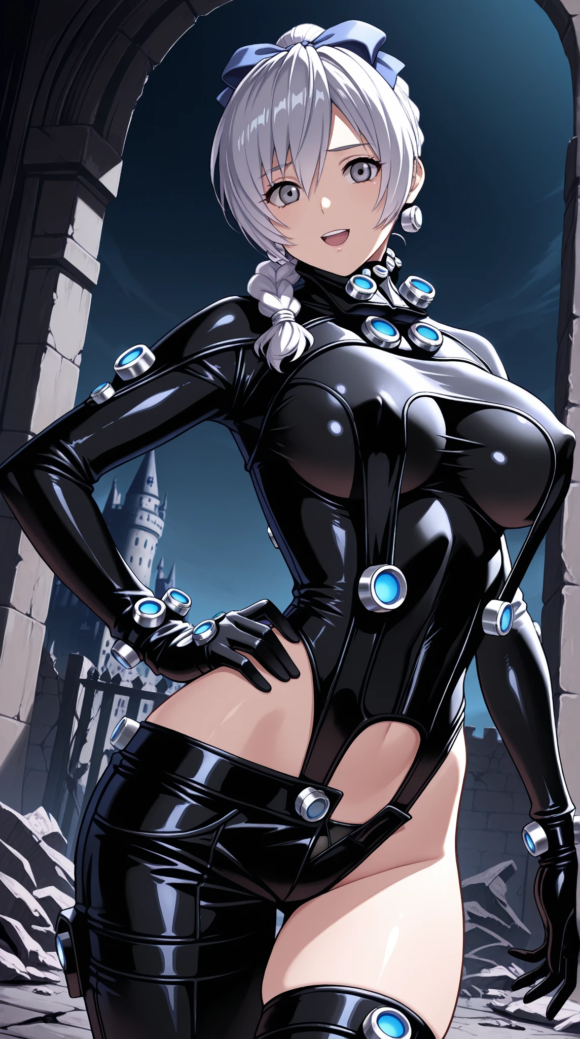 (Highest quality:1.3), Artoria Pendragon by Gate, ((Ahego)), Big Breasts, Cleavage, Fascinating, sexy face, sexy, Curved body, big ass, big , (Bodysuits), (city), Grin、With a creepy smile, A smile with downturned corners