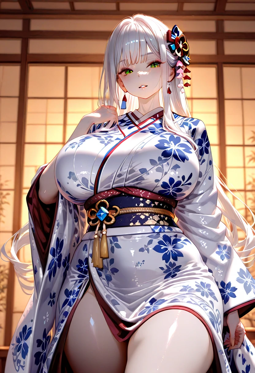 ((One personの女性)), Beautiful Face, (Laughing embarrassedly), (seductive smile:1.4), ((Wink:1.9)), (head tilt:1.3), Laugh with your mouth wide open, upper teeth, looking at viewer, (Doing sexy poses), ((Bright red cheeks:1.4)), Glossy Red Lips, rooftop, firework, Glossy red lips, Shining Face, ((Anime style background)),masterpiece, Highest quality, so beautiful,up to date, Complex details, (Pink long nails), (nail art), (ring),(bracelet),(Floral choker),AI-generated, Complex,High resolution, Highest quality, super high quality,3D Images、3D Images,One person,Long white hair,High Ponytail, Anime woman posing for a photo, (blue eyes), ((Fine grain、Light silvery white eyes、Shining Eyes:1.3)), (Squint your eyes:1.1),a hyperRealistic , hyperRealistic , Realistic,Anime woman with long white hair, Smooth anime CG art, (A woman in a colorful kimono with gold embroidery), (Black long sleeve kimono),Red floral pattern,Long flower hair ornament,Earrings,Mature Body,(Big Breasts:1.1),Tall,Abdominal muscles,Tight waist, (face focus), (dutch angle:1.3),