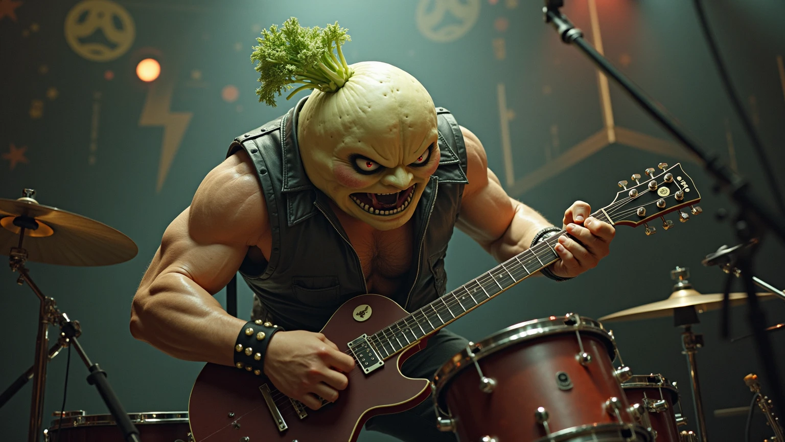 A blonde cigarette with a mouth, look like, legs and arms, performing in a rock show playing guitar, wearing a purple bandana while smoking a cigarette and drinking a bottle of whiskey.