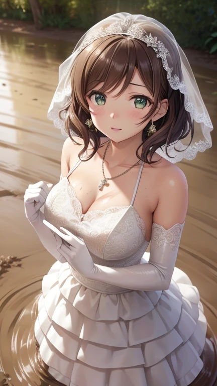 nozomitoujou, nozomi toujou, green eyes, brown hair, short curly hair, breasts, masterpiece, best quality, high resolution, beautiful detailed eyes, extremely detailed face, good lighting, detailed CG, messy hair, glossy lips, wedding dress, upset, scared, elbow gloves, (sinking in mud), garden, necklace, from above, (wedding dress spread on ground)