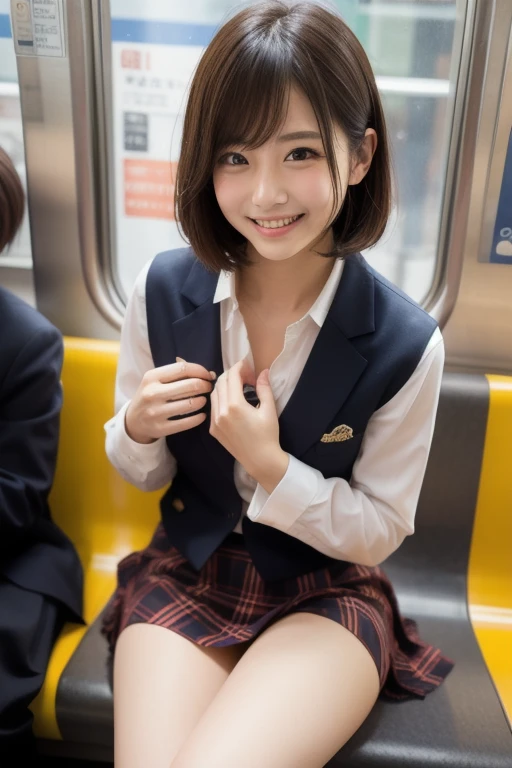 On a commuter train,Hot and sweaty,(looking at the camera),Cleavage,(Wearing a shirt),smile,Skirt Lift、Lift your skirt with your hands,woman, 20-year-old, Short Hair、bangs、(Plain suit skirt),(White lace panties)、Cute earrings
