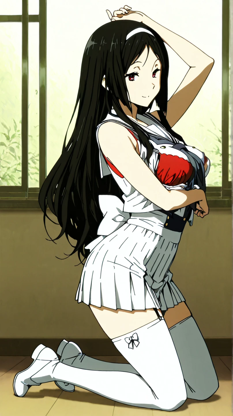 (best quality,highres,masterpiece:1.2),ultra-detailed,realistic,full body, nagatoro hayase, hairclip hair ornament, brown eyes, (dark skin, dark skinned female):1.2, long black hair, (gyaru bimbo | bimbo gyaru, thin toned body, long legs, thick thighs, narrow waist), wide hips, beautiful detailed face, detailed body, detailed eyes, (high-waisted skirt red pleated skirt round skirt, tight black stretchy top tucked in, white thighhighs, heels), intense lighting
