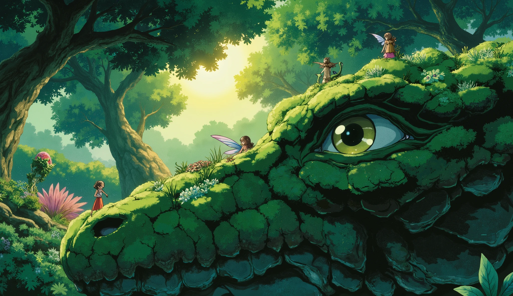 ghibli style,Epic fantasy masterpiece, award-winning digital painting, hyper-detailed, intricate, cinematic lighting. A breathtaking, intimate close-up of a lush, vibrant micro-ecosystem thriving on the colossal back of a benevolent, ancient world-dragon.
The dragon's hide is the landscape: immense, tectonic plate-like scales covered in deep green moss and fertile earth. A portion of its mountain-sized limb is visible, conveying slow, gentle movement and impossible scale. Its massive eye, partially visible, radiates a soft, nurturing golden light, imbued with ancient wisdom.
Above, a dense canopy of gnarled, colossal trees creates a ceiling, pierced by dramatic, cinematic god rays and volumetric morning sunlight that illuminates shimmering pollen in the air. The forest is alive with fantastical micro-fauna: glowing-winged pixies, iridescent miniature feathered serpents, and shy, moss-furred critters. The undergrowth is a tapestry of bioluminescent fungi, crystal-flowered vines, and dew-kissed flora.
Rendered with hyper-realistic textures, subsurface scattering, and the atmospheric depth of an Unreal Engine 5 cinematic. High fantasy concept art, cinematic, beautifully composed, epic scale, magical, wondrous.