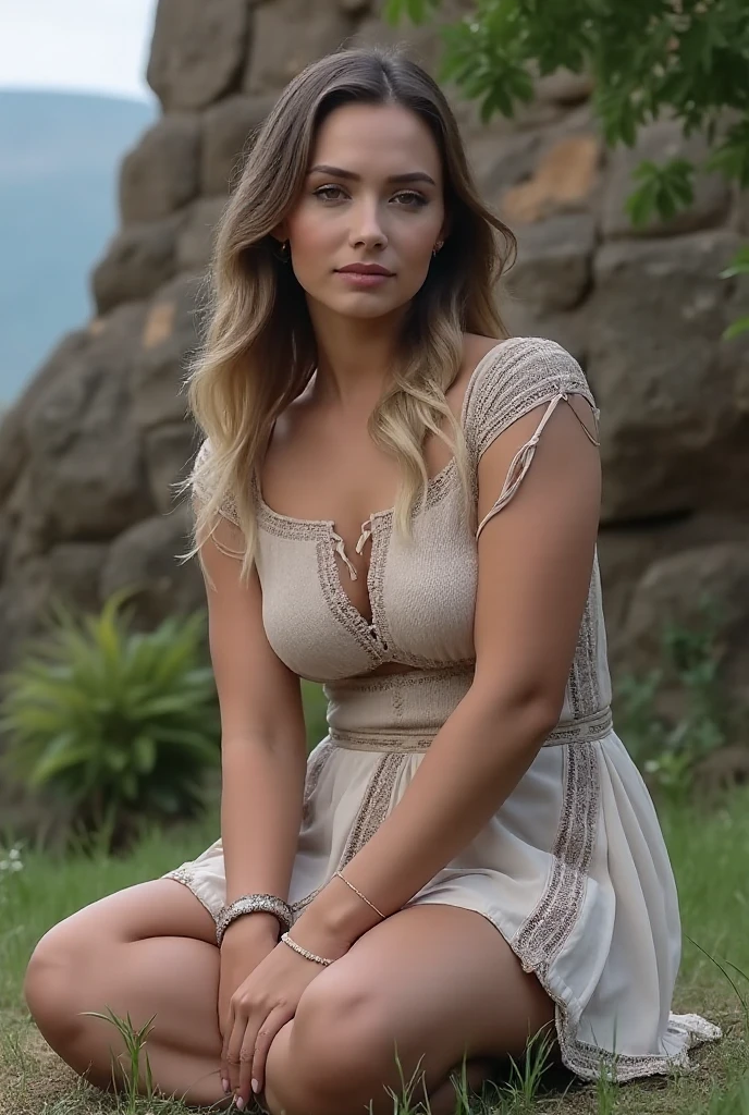 In the rugged canyons of Teaton, Nevada, circa 1885, 1woman with a slight smile embodies Victorian elegance amidst a breathtaking tableau of natural splendor. Her attire, meticulously chosen for its grace and craftsmanship, harmonizes exquisitely with the diverse beauty of her surroundings.

The corseted bodice she wears is a masterpiece of tailoring, intricately laced with silk ribbons that weave through mother-of-pearl buttons, each detail reflecting the era's dedication to ornate refinement. It cinches her slender silhouette with a timeless elegance, contrasting subtly against the backdrop of rugged canyon walls and tranquil waters.

Her full skirt, crafted from layers of fine silk brocade, drapes gracefully around her, embroidered with delicate floral patterns that catch the light in subtle, shifting hues. Its flowing folds echo the gentle movement of the wind, adding a soft rhythm to her steps as she stands near the shores of Lake Emerald. The tranquil waters mirror the surrounding juniper trees and reflect the towering Ruby Mountains, their peaks dusted with the first snow of the season.

The crisp autumn air carries fragrant notes of pine and sagebrush, mingling harmoniously with the faint scent of wood smoke drifting from a nearby homestead, blending into the serene atmosphere. In the distance, wild mustangs graze peacefully on the grassy plains, their sleek coats shimmering in the warm glow of the afternoon sunlight.

Above, the sky stretches in a brilliant canvas of azure blue, adorned with wispy clouds that catch the golden hues of the setting sun, casting a warm, ethereal glow over the scene. Her presence amidst this untouched wilderness, dressed in anachronistic splendor, creates a timeless harmony between human elegance and the raw majesty of nature. It's a moment frozen in time, where the intricacies of her attire mirror the exquisite beauty of Nevada's untamed landscapes, capturing the essence of Victorian grace amidst the natural wonders nature.